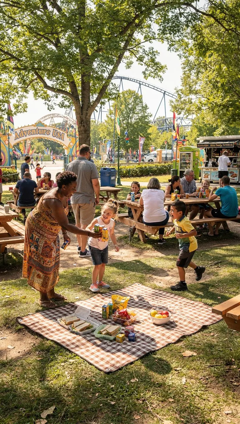 Дети играют на ярких игровых площадках, окруженных зелеными деревьями.