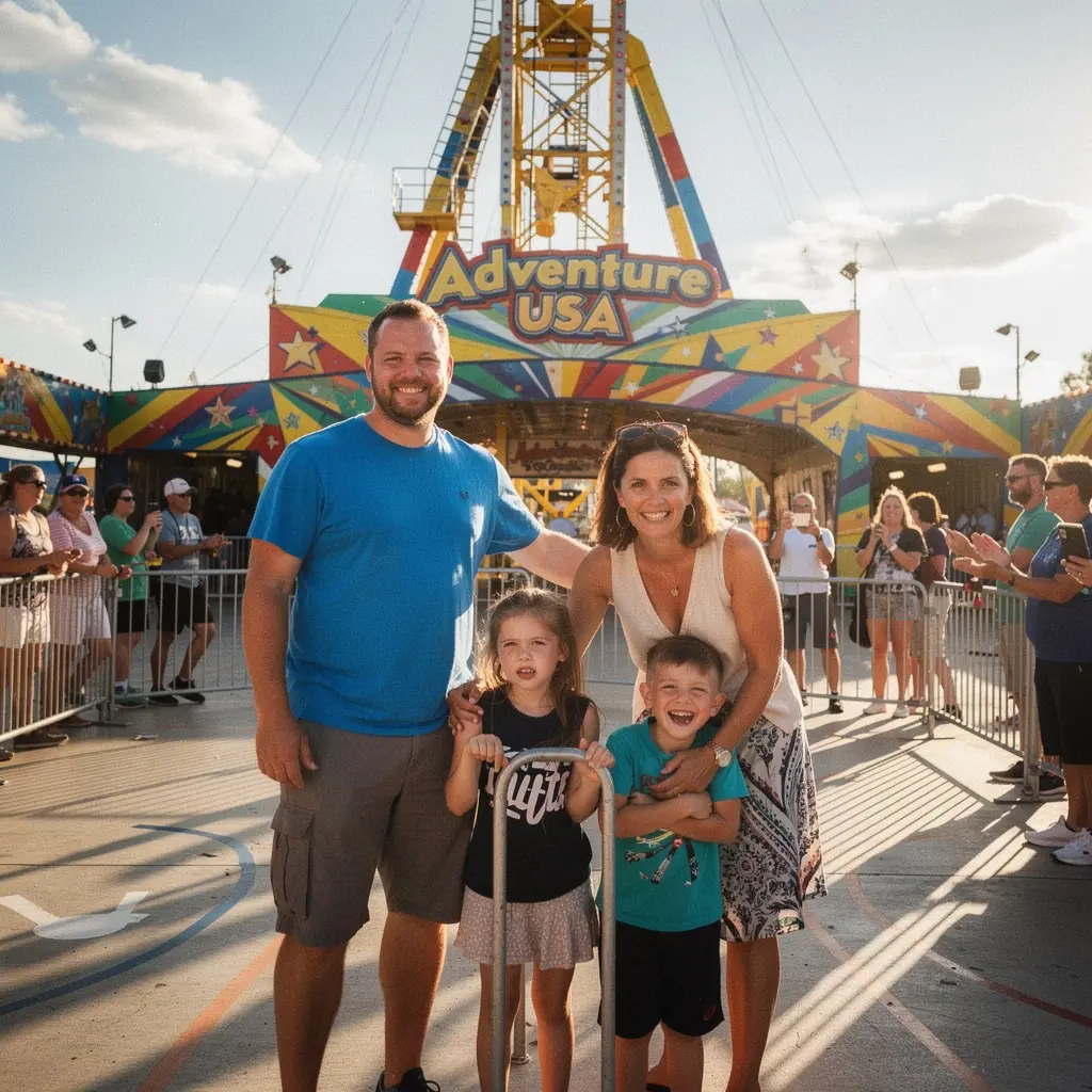 Высокая американская горка на фоне голубого неба, готовая к захватывающему спуску.