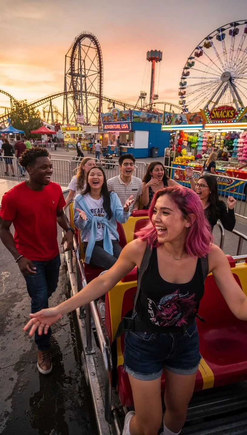 Семейная группа людей, радостно наслаждающихся аттракционом с американскими горками в тематическом парке.