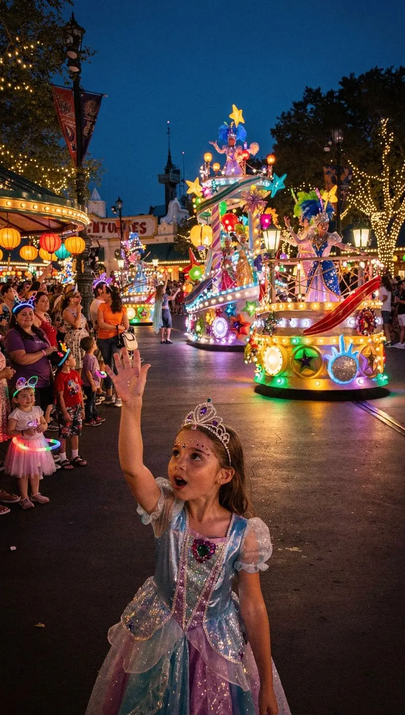 Дети, смеющиеся и кричащие от восторга на высоком аттракционе, с яркими огнями парка на фоне.