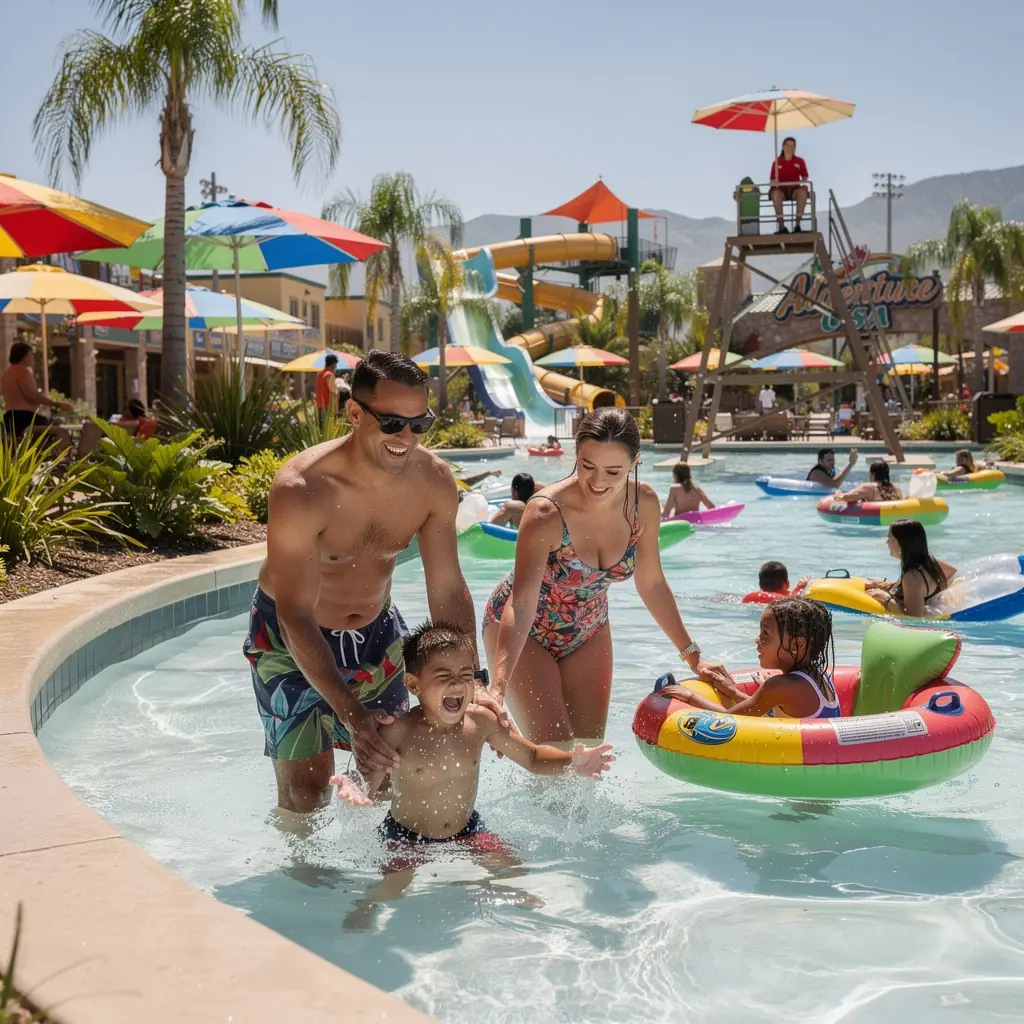 Пара, сидящая на скамейке и планирующая свой день в тематическом парке с картой в руках.