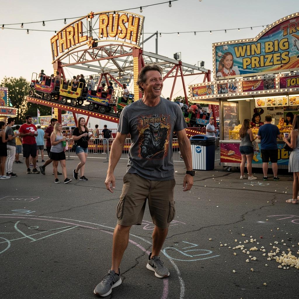 Красивая панорама парка аттракционов с высокими горками и яркими огнями.