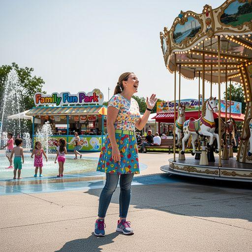 Счастливая семья, позирующая на фоне большого колеса обозрения.